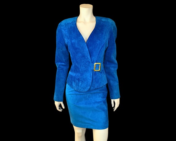 90s PEACOCK Blue SUEDE Leather Cropped Jacket wit… - image 6