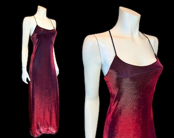 90s Metallic RED Lurex SLIP Dress / Formal Party Dress / M