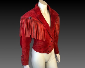 80s FRINGE ROCKSTAR Red Leather CORSET Motorcycle Jacket / Dramatic Long Fringe Coat / Womens Medium