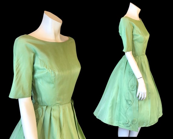 50s SAGE Green Full Skirt Crinoline Party Dress w… - image 3