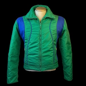 70s Moto Style SKI JACKET in Kelly Green and Crayon Blue / Topher Down