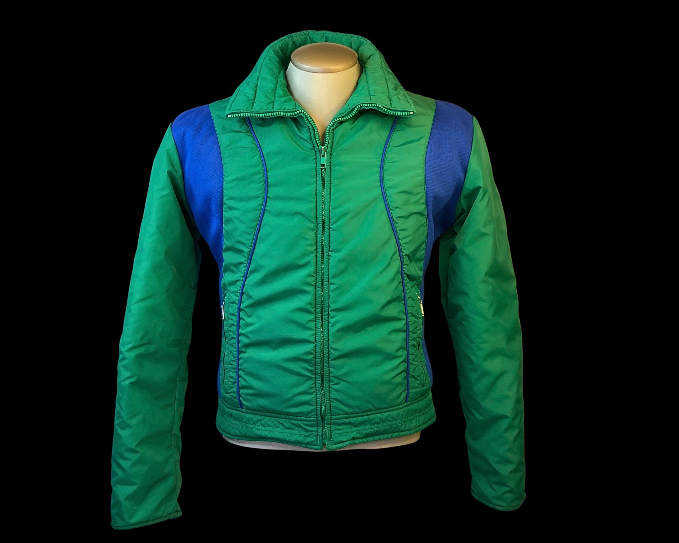 70s Moto Style SKI JACKET in Kelly Green and Crayon Blue