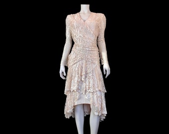 Vintage 80s PEACH Drop Waist Hi Lo LACE Illusion Cocktail Dress / M