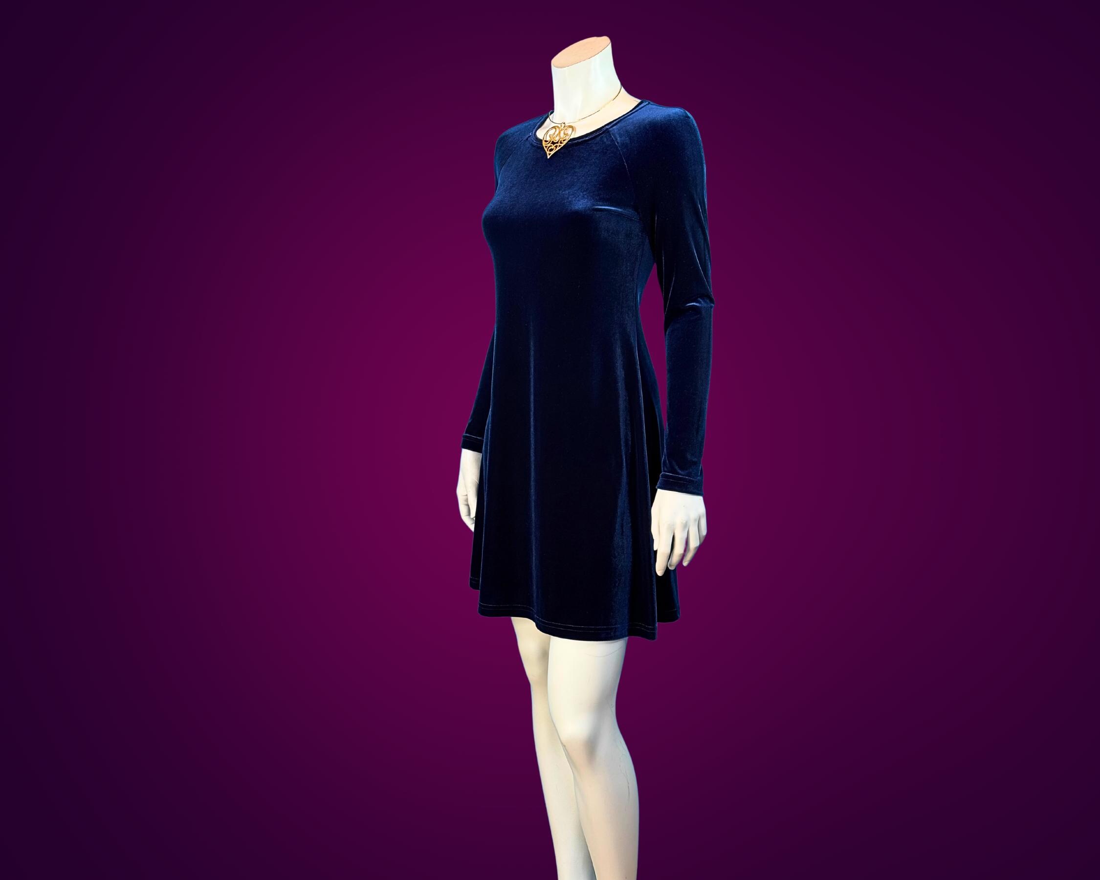 90s MIDNIGHT BLUE Stretch Velvet Babydoll SKATER Mini Dress / xs