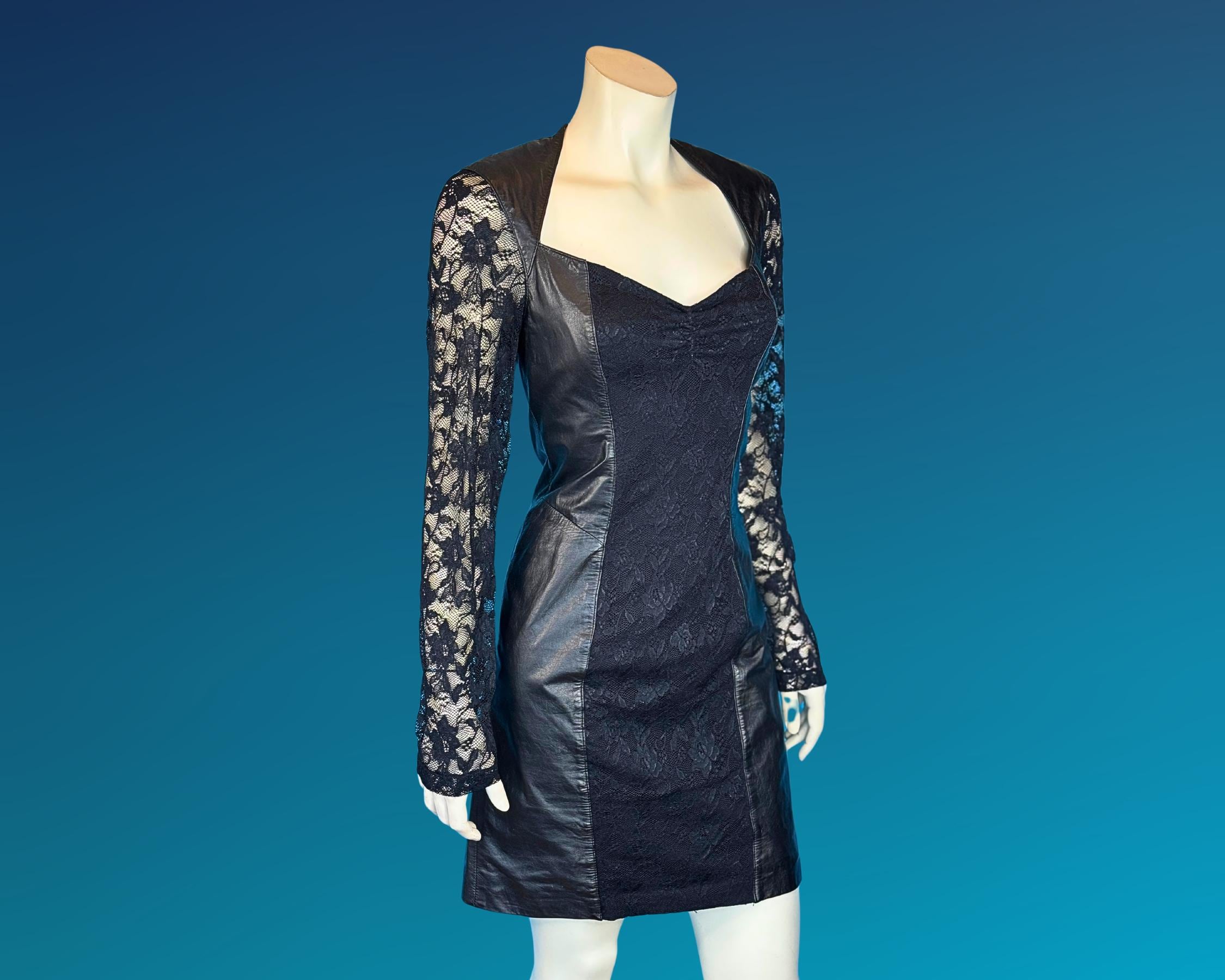 leather dress with lace sleeves Lace Up Faux Leather Mini Dress - Black