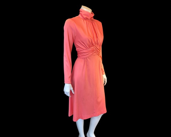 70s COWL NECK Peach Ruch Waist Dress /  Full Skir… - image 5