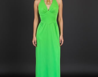 70s Neon LIME Green OPEN BaCK Halter Dress / XS S