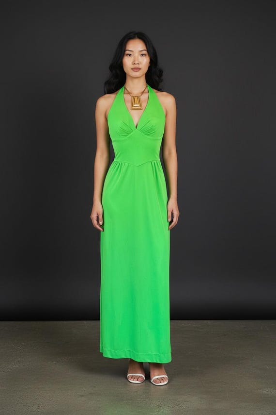 lime green open back dress 70s Neon Halter / XS S casual lime green dress