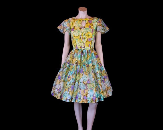 watercolor pastel dress Fouad Sarkis F02981 Pastel Flower-Printed Chiffon Gown with Watercolor Effect