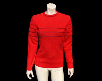 70s Vintage Red and Navy Knit SKI Sweater / 1970s Winter Nordic Sweater / S