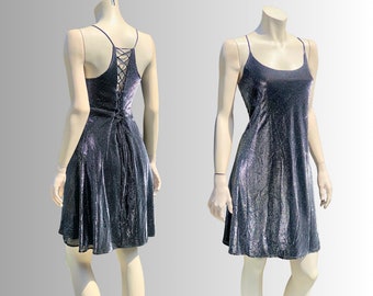 90s METALLIC CORSET Back Mini Slip Dress / Vintage 1990’s Silver Iridescent Sleeveless Grunge Babydoll Party Dress / Medium