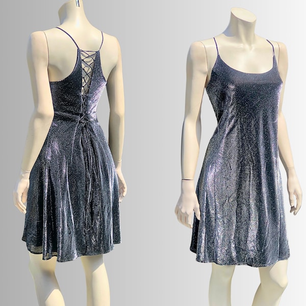 90s METALLIC CORSET Back Mini Slip Dress / Vintage 1990’s Silver Iridescent Sleeveless Grunge Babydoll Party Dress / Medium