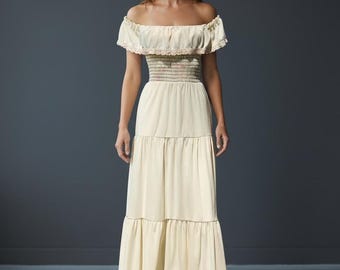 70s Cream Off the Shoulder RAINBOW Striped Maxi Sun Dress / S M
