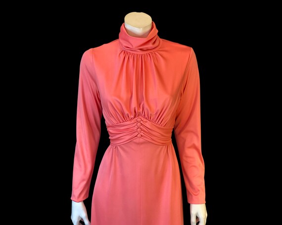 70s COWL NECK Peach Ruch Waist Dress /  Full Skir… - image 3