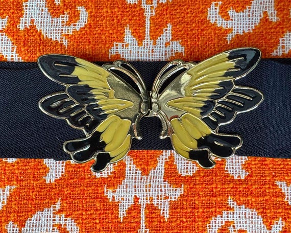 Vintage Black Enamel Metal Butterfly Stretch Belt Vintage Black Stretch Belt Enamel Butterfly Closure Gold  main image 3