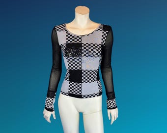 Y2K MESH CHECKERBOARD Long Sleeve Top / Black & White Baby Tshirt / XS S