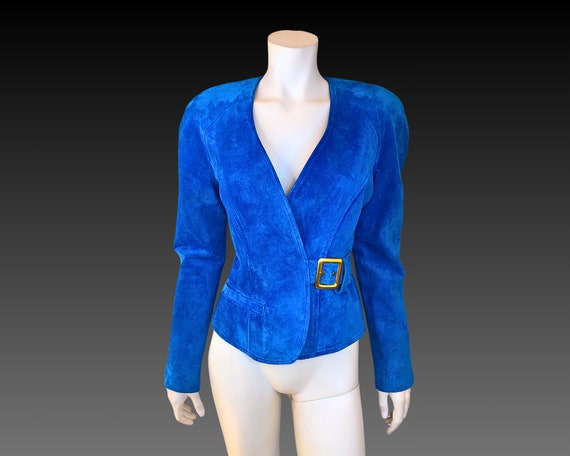 90s PEACOCK Blue SUEDE Leather Cropped Jacket wit… - image 9