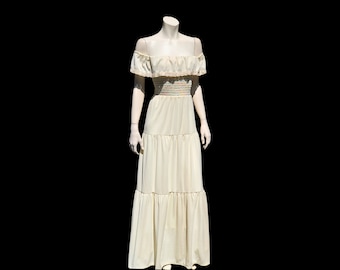 70s Cream Off the Shoulder RAINBOW Striped Shirred Bodice Maxi Sun Dress / S M