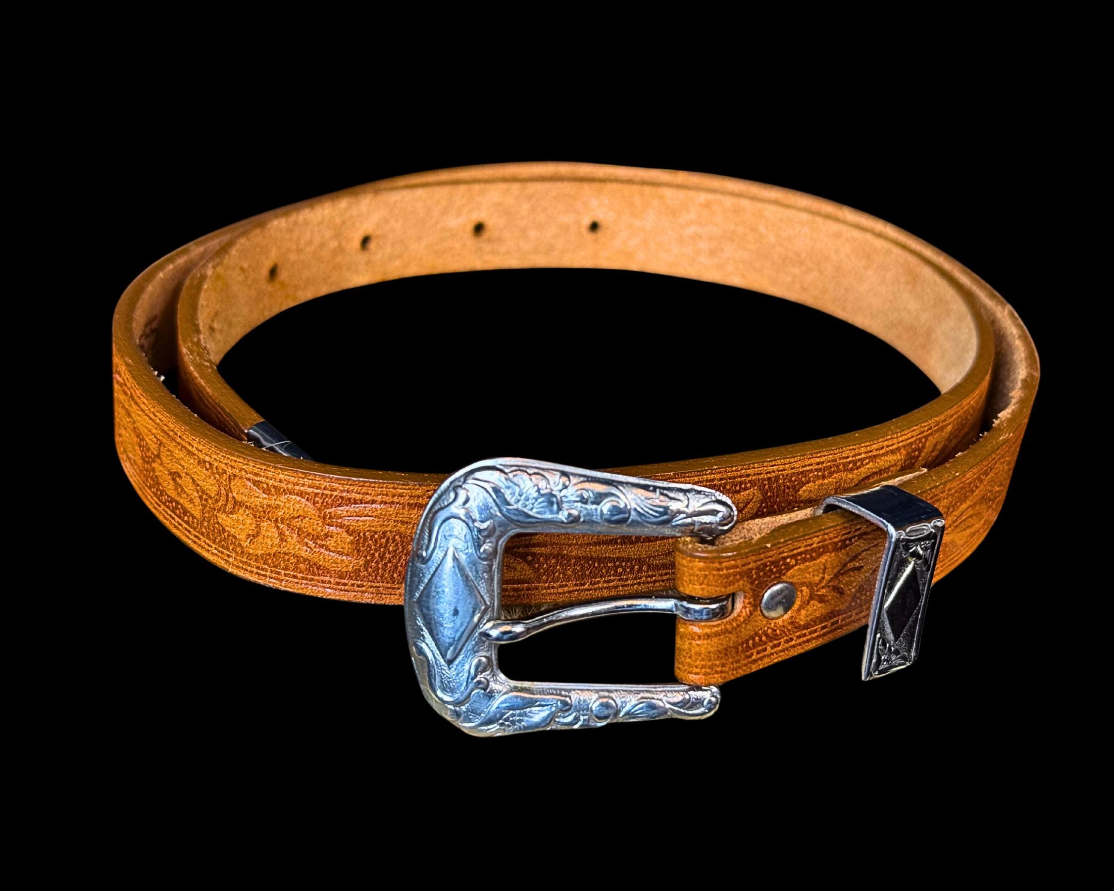 WESTERN BELT SKINNY BROWN TOOLED LEATHER SILVER TONE BUCKLE STEER SYMBOL SIZE 28 80s Skinny Brown Hand Tooled Leather Belt | 70s Brown  main image 2