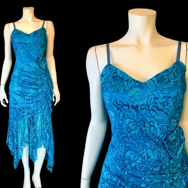 80s PEACOCK Blue Lace Ruffles MERMAID Dress with Handkerchief Hem / Vintage 1980s Formal Party Dress with Hi Lo Hem / S