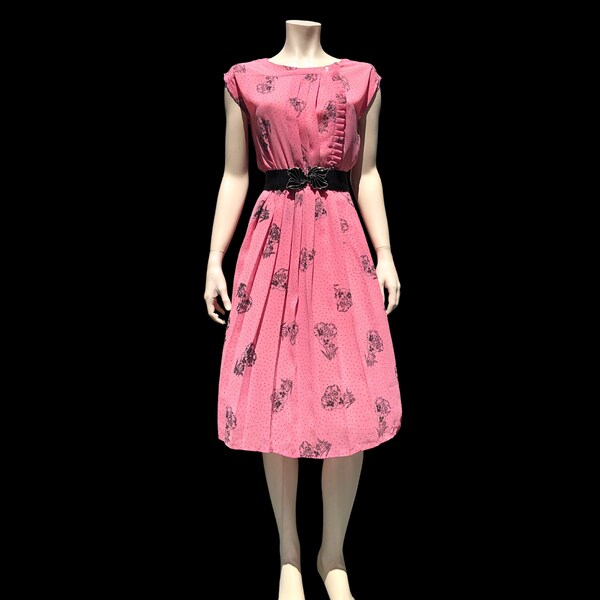 80s Pretty in Pink POLKA DOT FLORAL Print Sleeveless  Dress / Pink and Black Dress / M