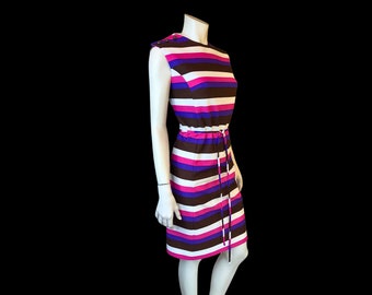 60s MOD Striped Sleeveless Sheath Dress / Vintage 1960s Neapolitan Stripe Shift Dress / L