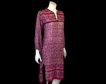 INDIA GAUZE Metallic Lurex Block Print Semi Sheer Dress / Vintage 70s 80s Cotton Gauze Long Sleeve Kaftan Boho Hippie Dress