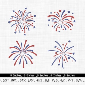 May include: Four stylized fireworks designs in red, white, and blue, with star accents. The image includes text indicating sizes from 3 to 8 inches. The bottom of the image shows embroidery file formats.