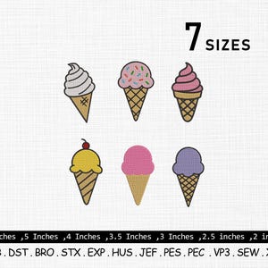 Könnte beinhalten: Illustration von sechs bunten Eiswaffeln mit verschiedenen Geschmacksrichtungen und Toppings. Der Text lautet "7 GRÖSSEN" und Größen von 6 Zoll bis 2 Zoll. Stickdateiformate sind aufgelistet.