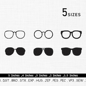 Könnte beinhalten: Schwarz-weiße Illustration von fünf Brillenpaaren in verschiedenen Stilen. Der Text "5 SIZES" ist darüber abgebildet. Die Größenangaben sind in Zoll und Zentimetern angegeben, von 1,5 Zoll (3,8 cm) bis 5 Zoll (12,7 cm).