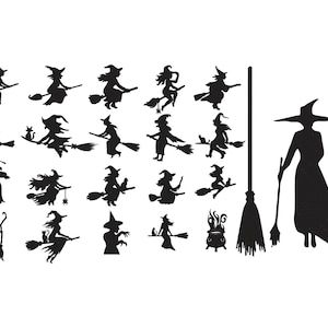 May include: Black silhouette illustrations of witches in various poses, flying on brooms, and with cauldrons. A large witch silhouette stands holding a broom. A Halloween-themed design.