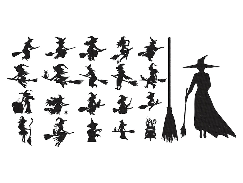May include: Black silhouette illustrations of witches in various poses, flying on brooms, and with cauldrons. A large witch silhouette stands holding a broom. A Halloween-themed design.