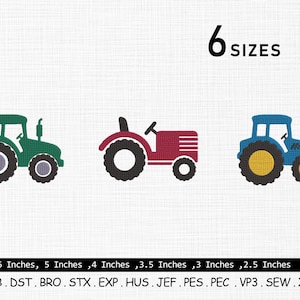 Puede incluir: Tres diseños de tractores coloridos en verde, rojo y azul. La imagen incluye el texto "6 SIZES" y medidas en pulgadas: 6, 5, 4, 3.5, 3 y 2.5 pulgadas. La imagen también enumera formatos de archivos de bordado.