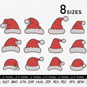 Puede incluir: Ocho gorros de Papá Noel rojos con ribete blanco y pompones, en varios tamaños. El texto "8 SIZES" está encima de los sombreros. Las tallas varían de 2,5 cm a 12,7 cm. Formatos de bordado debajo.