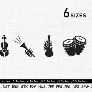 May include: Black and white musical instrument silhouettes: violin, trumpet, guitar, and drums. Text reads "6 SIZES". Below, sizes are listed from 15.2 cm to 6.4 cm. Embroidery file formats are listed at the bottom.