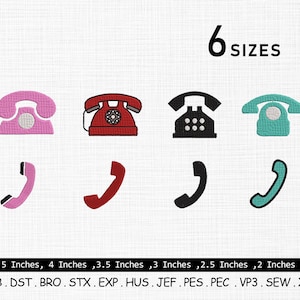 以下が含まれることがあります： ピンク、赤、黒、ティール色のレトロ電話機の刺繍デザインの画像。画像には「6サイズ」の文字と、インチ単位のサイズ（5.08cm～12.7cm）が含まれています。画像の下部には刺繍ファイル形式が記載されています。