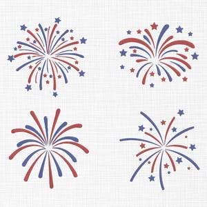 May include: Four illustrations of fireworks in red and blue with star accents on a white background. The fireworks have a burst design, with lines radiating outwards from a central point. The stars are scattered around the fireworks.