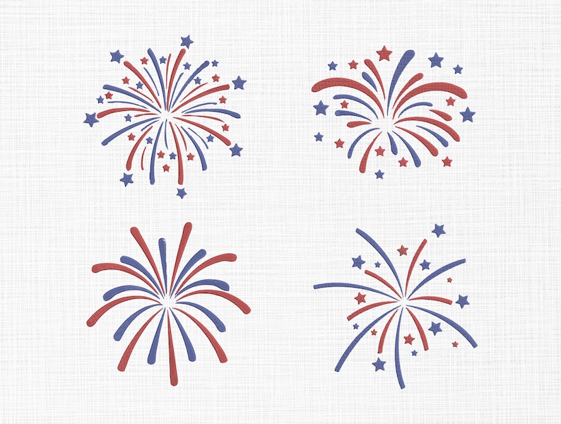 May include: Four illustrations of fireworks in red and blue with star accents on a white background. The fireworks have a burst design, with lines radiating outwards from a central point. The stars are scattered around the fireworks.