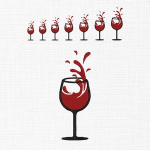 Pode incluir: Ilustração de taças de vinho com vinho tinto e respingos. A imagem apresenta uma taça de vinho grande com vinho derramando e uma fileira de taças menores com respingos de vinho. As taças são pretas e o vinho é vermelho.