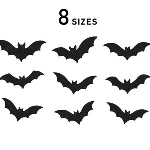 May include: A collection of black bat silhouettes in different sizes, set against a white backdrop. The number "8" and the word "SIZES" are in black. The image has a Halloween or spooky theme.
