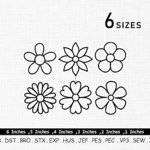 以下が含まれることがあります： 白背景に、さまざまなスタイルの黒いアウトラインの花のデザインが6つ表示されています。「6 SIZES」の文字が花の上にあります。 下には、15.2 cmから2.5 cmまでのサイズとファイル形式を示すテキストがあります。