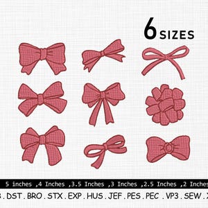 Könnte beinhalten: Neun gestickte Schleifen in verschiedenen Stilen und Größen, von 5 cm bis 12,7 cm. Die Schleifen sind einfarbig rosa und in einem Raster angeordnet. Der Text "6 SIZES" steht oben, und die Größenangaben sind unten aufgeführt.