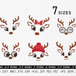 May include: A digital design featuring seven reindeer faces in various styles. Each face is brown with large eyes and antlers. Some reindeer have accessories like a red bow, glasses, or a red hat. The image includes size options from 3 to 7 inches.