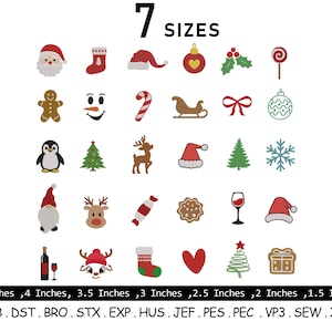 Può includere: Una collezione di 28 disegni di ricamo a tema natalizio, tra cui Babbo Natale, ornamenti e una renna, con dimensioni da 3,8 cm a 12,7 cm. Il testo "7 SIZES" è in alto e i dettagli delle dimensioni sono in basso.