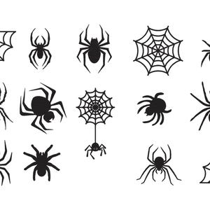 K&ouml;nnte beinhalten: Eine Sammlung schwarzer Spinnen- und Spinnennetz-Silhouetten auf wei&szlig;em Hintergrund. Die Designs umfassen verschiedene Spinnenposen und Eckendesigns f&uuml;r Netze, ideal f&uuml;r Halloween oder gruselige Bastelarbeiten.