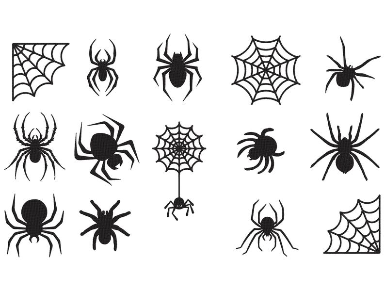K&ouml;nnte beinhalten: Eine Sammlung schwarzer Spinnen- und Spinnennetz-Silhouetten auf wei&szlig;em Hintergrund. Die Designs umfassen verschiedene Spinnenposen und Eckendesigns f&uuml;r Netze, ideal f&uuml;r Halloween oder gruselige Bastelarbeiten.