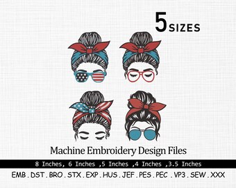 American Mom Bun Embroidery Design: Patriotic 4th of July (Digital File)