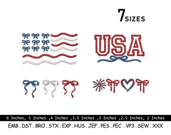 USA Flag Bow Embroidery Design: Patriotic Coquette, 7 Sizes (Digital Download)