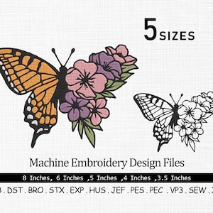 Floral Butterfly Embroidery Design: Monarch Line Art, 5 Sizes (Digital Download)