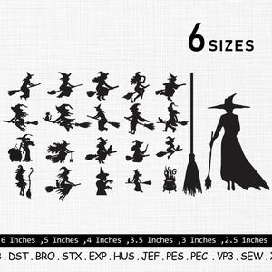 Może przedstawiać: Czarne sylwetki czarownic na miotłach, czarownica z miotłą i kocioł. Tekst "6 SIZES" znajduje się nad wzorami. Poniżej wymiary w calach i formaty plików haftu.